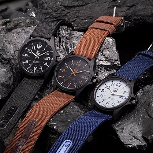 Military Watch,Men Analog Watches Army Filed Tactical Sport Wrist Watches Canvas Strap Calendar Date (Blue)