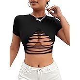 SweatyRocks Women's Sexy Cut Out Crop Ripped Tops Short Sleeve Round Neck Slim Fit Tee Shirt