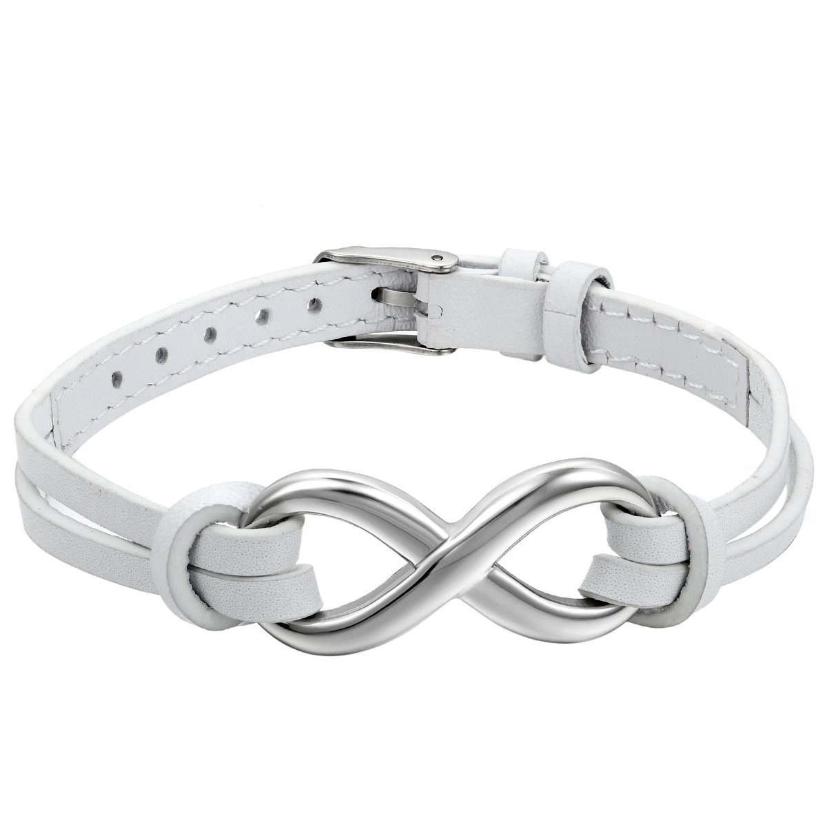 JewelryWe Stainless Steel Infinity Love Charm Leather Bracelet for Men Women Adjustable Fit 7-8.3 inch, White