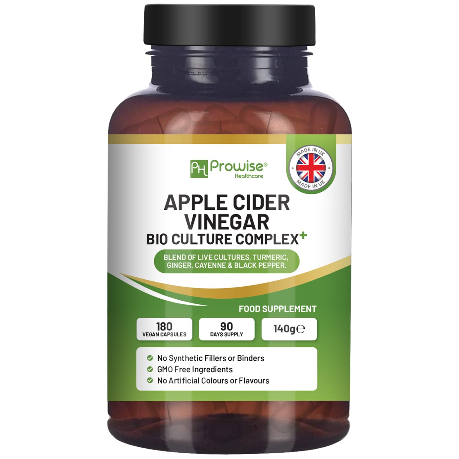 Apple Cider Vinegar Capsules Bio Cultures Complex 1300mg - 180 Capsules I Made in UK by Prowise Healthcare