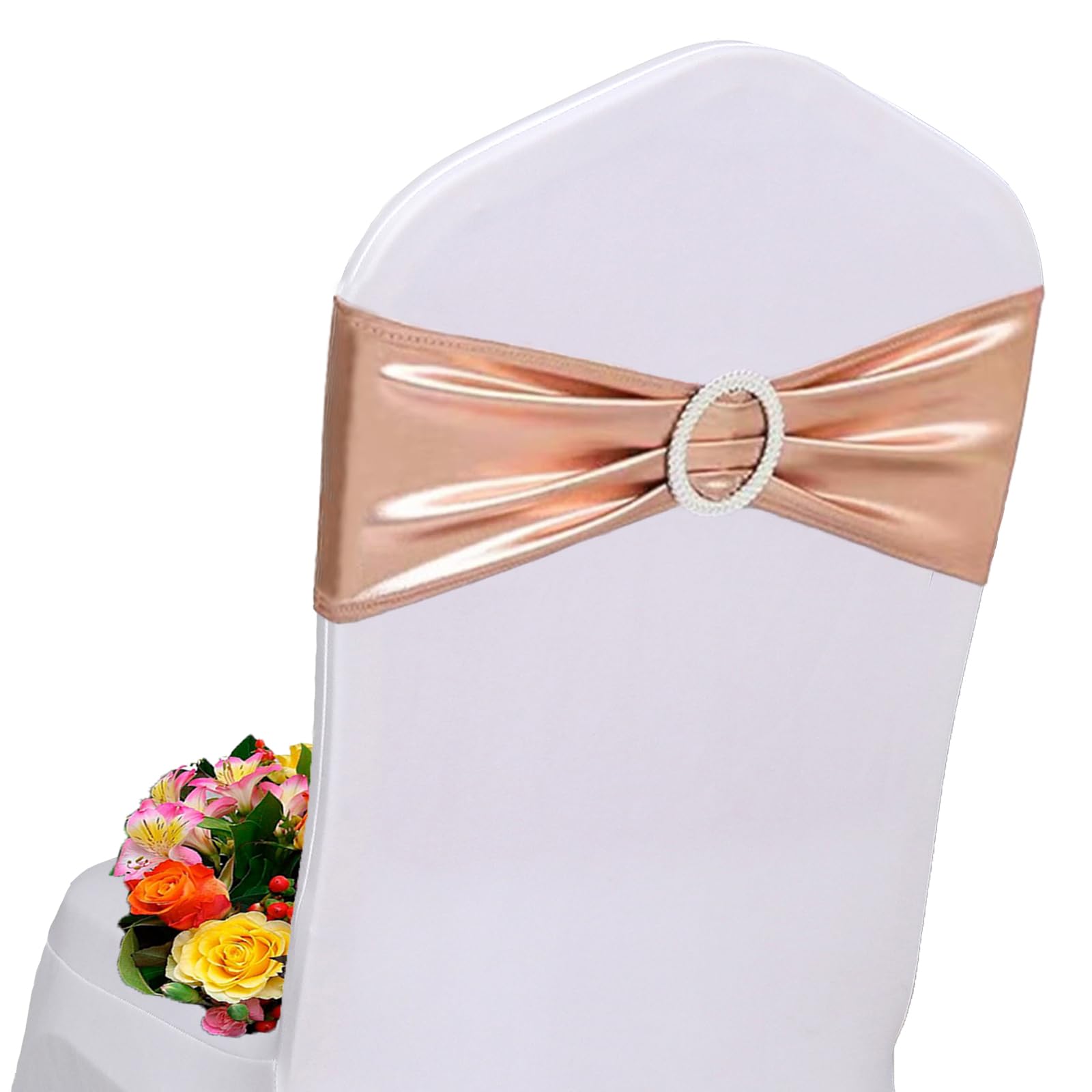 Photo 1 of AIRIT LOVELY Rose Gold Chair Sashes for Wedding 50 Pack Spandex Rose Gold Sashes for Chairs Pink Gold Chair Sashes Bands with Blucke for Bridal Baby Shower Birthday Banquet Party Decorations