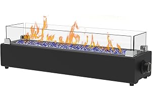 BAIDE HOME 28-inch Table Top Propane Fire Pit, 40,000 BTU Tabletop Firepit for Patio, Outdoor Portable Rectangular Fire Bowl w/Wind Glass Shield, Glass Rocks - Black