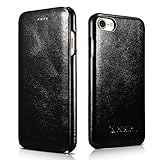iPhone 8 Case iPhone 7 Leather Case, Icarercase Genuine Vintage Leather Side Open Case in Slim Thin Design, Flip Folio Style Cover with Magnetic Closure for Apple iPhone 7/8 4.7 Inch - Black