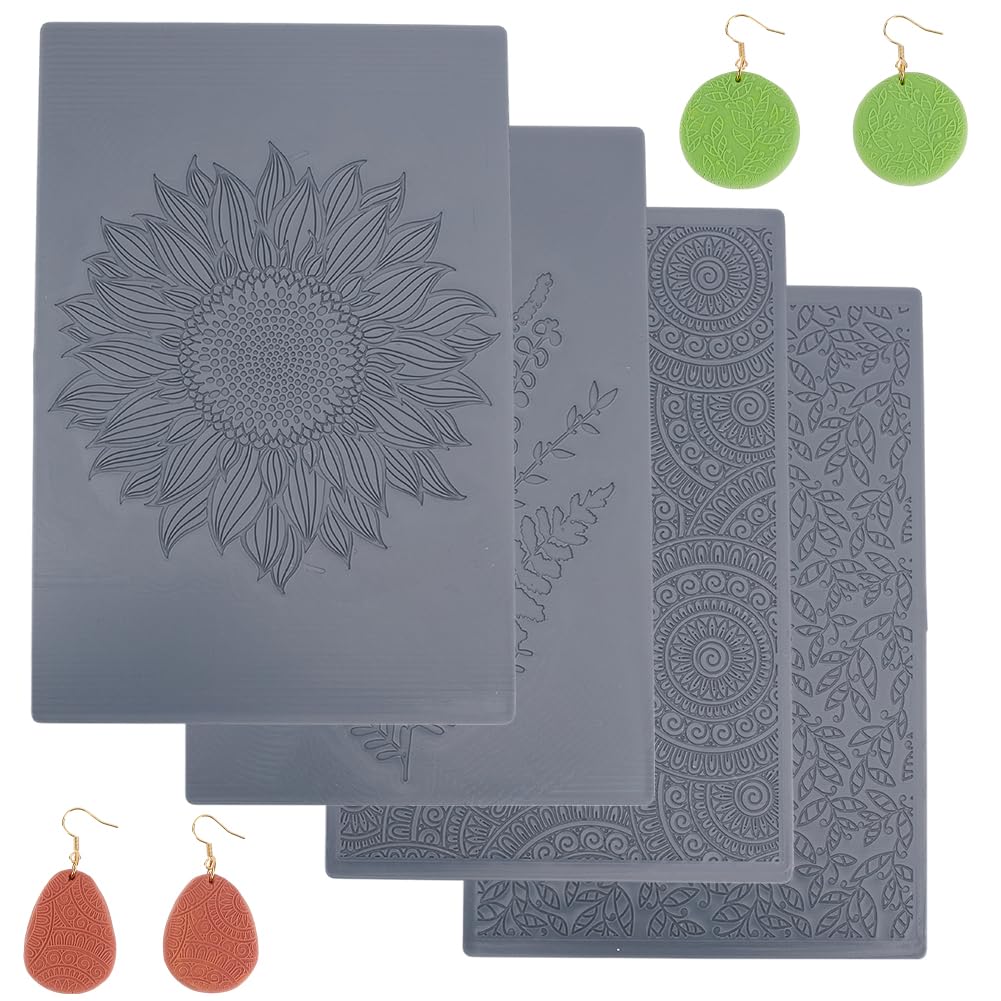HOBBIESAY 4pcs Polymer Clay Texture Sheets Set Texture Sheets Polymer Clay Works with Polymer Clay Cutter Effect as Polymer Clay Texture Roller Flowers for DIY Clay Making