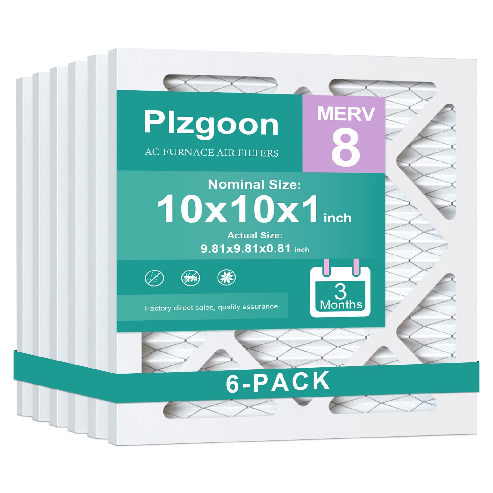 Photo 1 of Plzgoon 10x10x1 Air Filter MERV 8 (6 Pack) MPR 600 Pleated A/C Furnace Filters for Home Air Conditioner HVAC Furnace Replacement (Exact Dimensions: 9.81"L x 9.81"W x 0.81"Th)