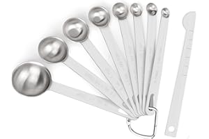 AOVCHEI Upgrade 9 PCS Stainless Steel Measuring Spoons Set, Small Tablespoon, Teaspoons, Set 8 with Bonus Leveler for Dry and Liquid, Fits in Spice Jars, 1/32 1/16 1/8 1/4 1/2 1 tsp, 1/2 1 tbsp