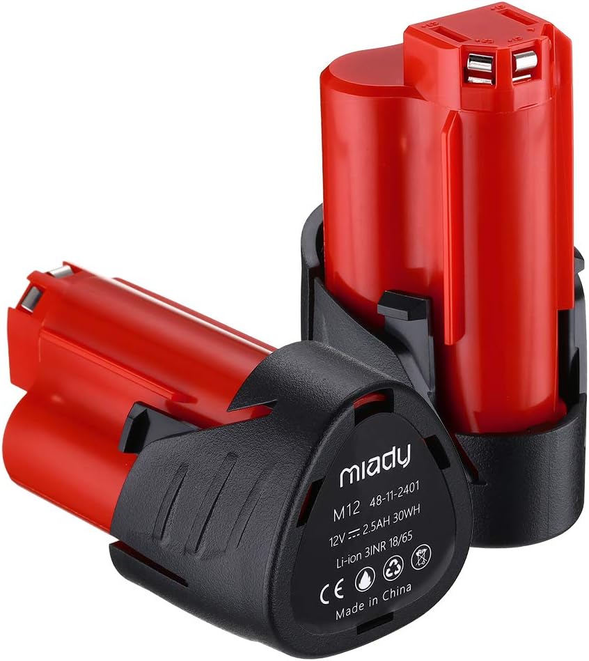 2 Pack 12V 2.5Ah Miady Lithium-ion Replacement Battery Compatible with Milwaukee M12 48-11-2401 48-11-2420 48-11-2440 48-11-2402 48-11-2411 48-11-2412 XC C12 B,C12 BX Cordless Drill Battery