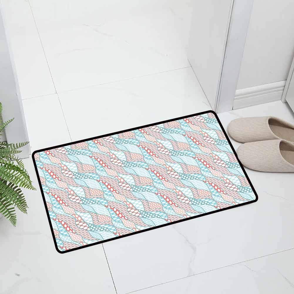 Geometric Indoor Outdoor Welcome Mat Holiday Doormat Wavy Stripes with Large Spots Ovals Leaf Stylish Soft for Entry and High Traffic Areas, 35 x 23.5 inch Blue