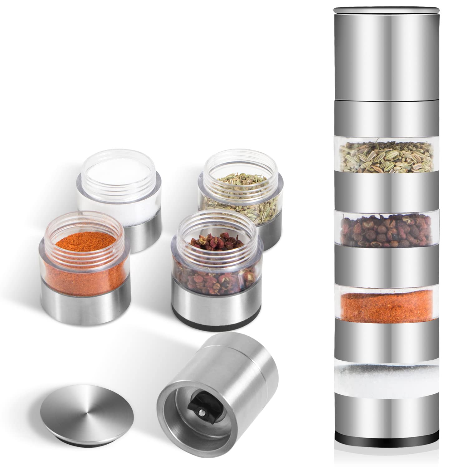 Mini Spice Jars Set with Lid, DASKING 4 in 1 Seasoning Container w/Spice Grinder, Manual Grinding for Peppercorns, Sea Salt, Portable Stainless Steel Spice Tin Boxs for Outdoor BBQ Camping Picnic
