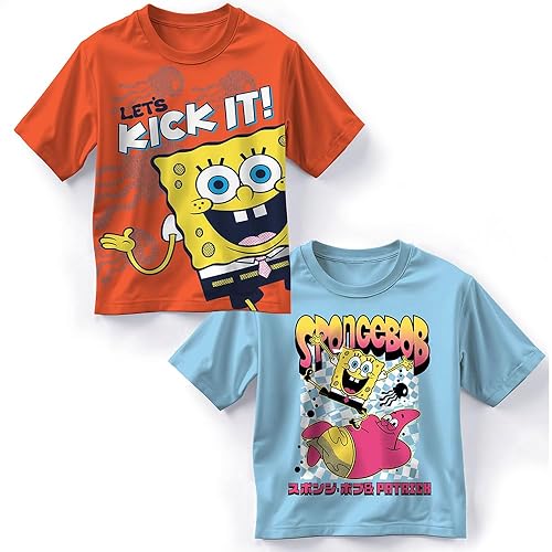Nickelodeon SpongeBob SquarePants Boys 2-Pack Short Sleeve Crewneck Graphic T-Shirt Bundle, 2-Piece Set for Kids and Toddlers (Light Blue and Orange, Size 4/5)