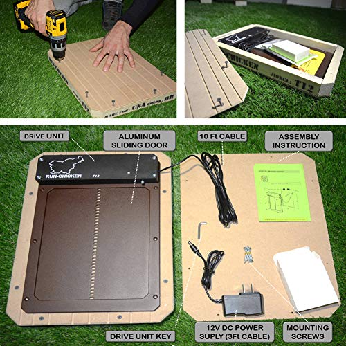Run-Chicken Model T12, Automatic Chicken Coop Door, Full Aluminum Doors, Powder Coated, Light Sensing, Morning Delayed Opening Timer