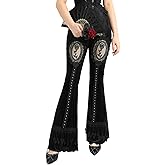 Rgothic Women's Gothic Lace Rose Print Goth Bell Flare Pants Bottom Punk Grunge Rave Flared Leggings