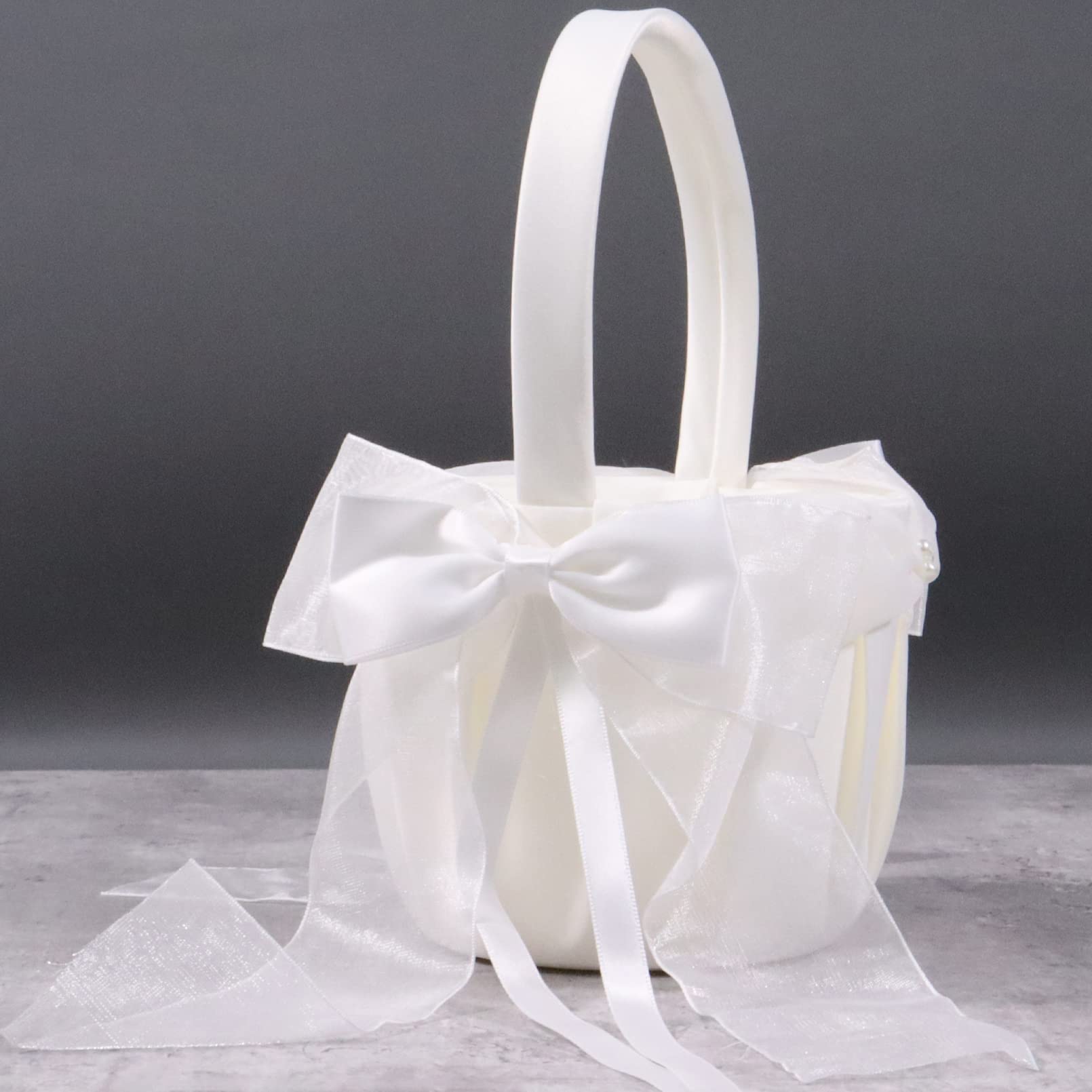 White Flower Girl Basket - Satin Wedding Flower Girl Basket