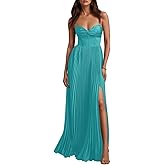 Hdsmfos Satin Pleated Bridesmaid Dresses Long with Slit for Women Spaghetti Straps A Line Formal Evening Dress