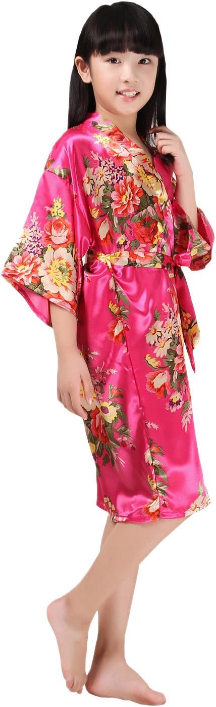Girls Satin Kimono Flower Robe Bathrobe Nightwear for Spa Wedding Dressing Gown