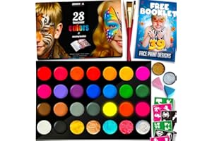 Zenovika Face Painting Kit for Kids - 28 Colors Professional Face Paint Kit, Non-Toxic and Hypoallergenic, Stencils, Book, Halloween Makeup Kit - Safe and Easy to Use Face Paint Kit for Kids