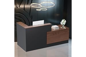 YORKGARGEN L-Shaped Large Wooden Reception Desk, Modern Front Desk Reception Counter with Lockable Drawers & Storage & Keyboard Tray, for Checkout, Lobby (Left-Walnut/Black, 84''L x 34''W x 41''H)