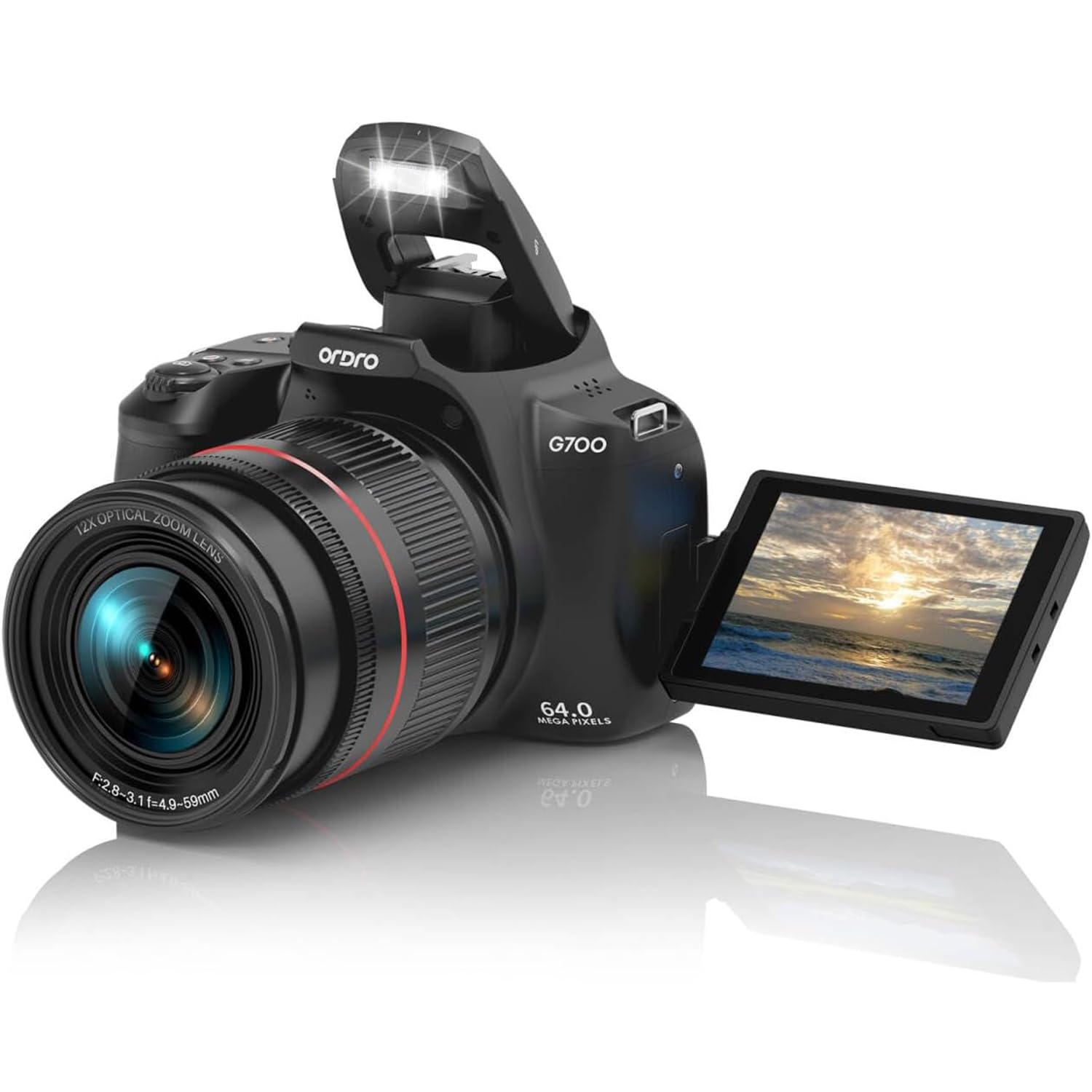 ORDRO G700 12X Optical Zoom Digital Camera Camcorder Entry Level SLR DV Camera Swivel Screen 4K HD Photo Taking