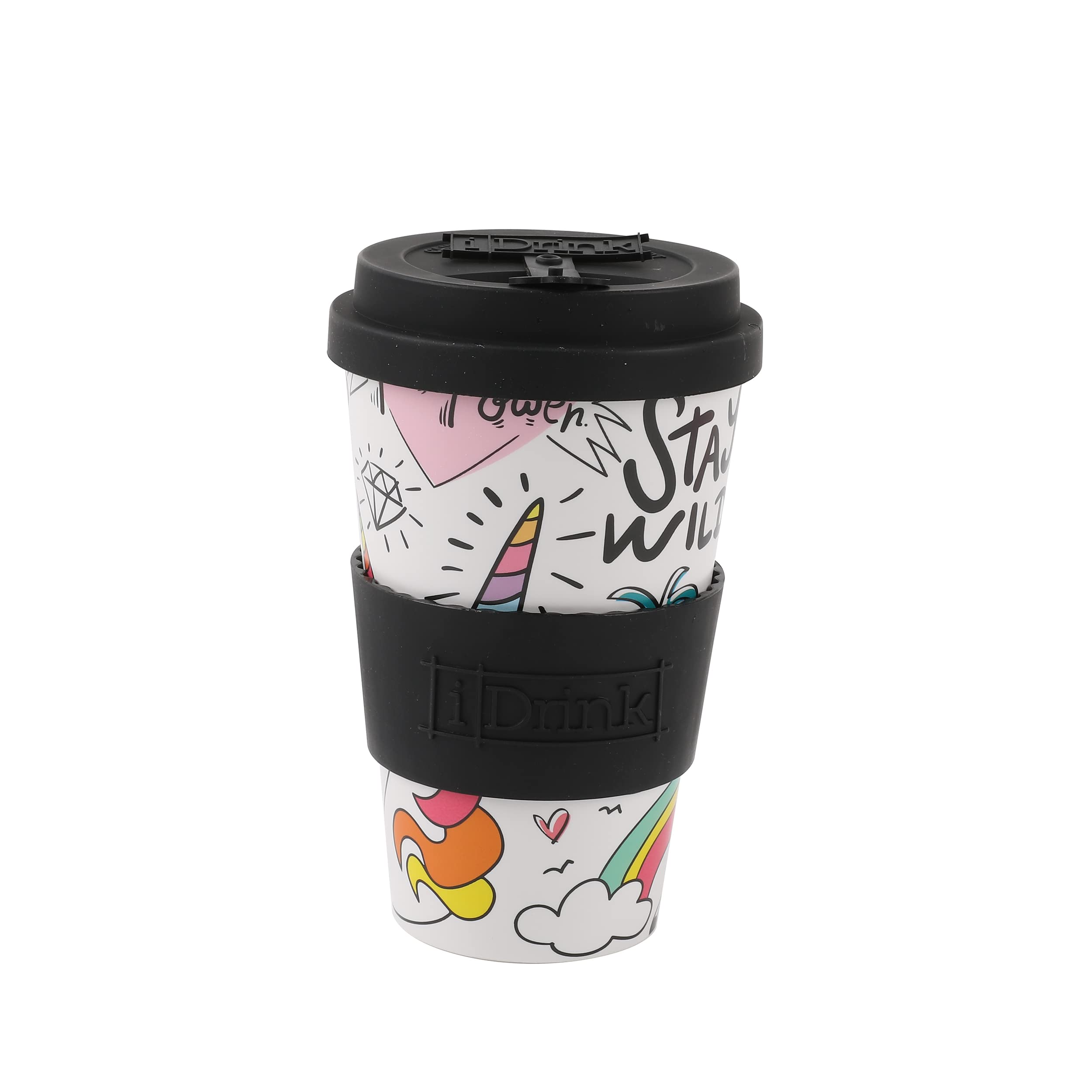 I-TOTAL IDRINK® - RPET Coffee Mug with openable Silicone Cap, Easy to Carry 435ml, Recycled Plastic Takeaway Mug 8.7 x 8.7 x 15cm Ergonomic 435ml (Unicorn)