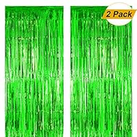 Fxozru Metallic Foil Fringe Curtain Green Backdrop 2pcs 8X 3ft for Baby Shower Photo Booth Jungle Dinosaur Jurassic Forest Hawaiian Party St Patrick Day Decorations