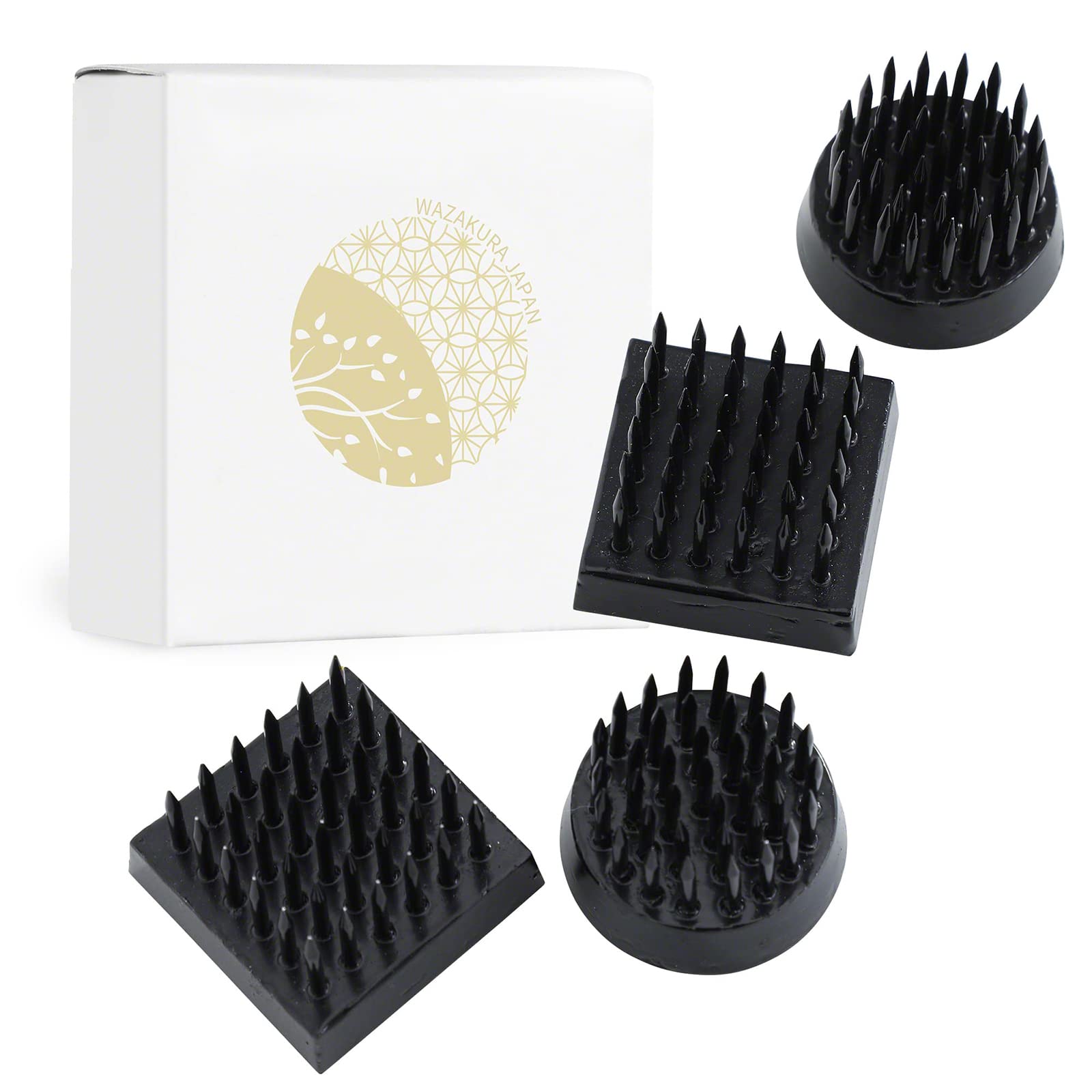 Wazakura 4PCS Black Mini Ikebana Kenzan Japanese Flower Holder Pin Cushion, Made in Japan, Flower Arranging Accessories Pin Flower Frog, Round Square - 1"(24mm) Black Mini Kenzan