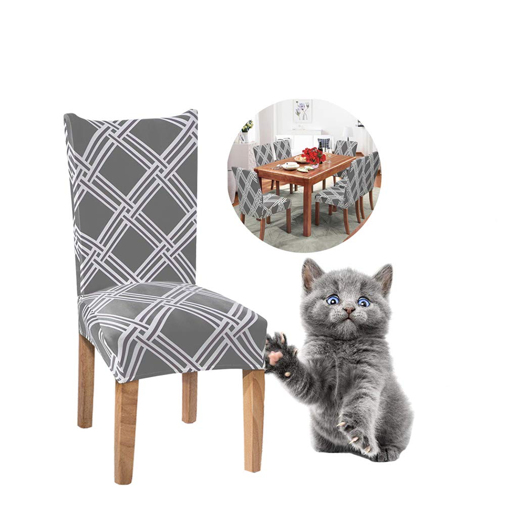 JunYito Stretch Dining Chair Covers Slipcovers Top Chair Protector for Dining Room Hotel Ceremony Banquet Wedding Party Décor (Q-Grey/Lattice, 4 Pcs)