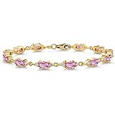 Gem Stone King 18K Yellow Gold Plated Silver Pink Sapphire and White Moissanite Tennis Bracelet For Women (8.11 Cttw, Gemstone Birthstone, Oval 6X4MM, 6.5, 7, 7.5 Inch)