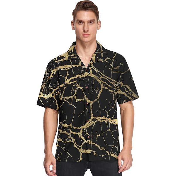 VISESUNNY Men's Casual Hawaiian Shirt – Golden Fleur-de-lis Pattern, Quick-Dry, Short Sleeve (Multicolor, XXL) - View #4