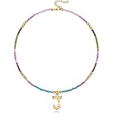 YOUFENG Beaded Initial Necklace for Women 14K Gold Plated Bamboo Letter Pendant Rainbow Gemstone Choker Colorful Summer Beach Handmade Jewelry Gift