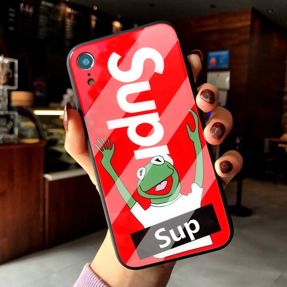Tempered Glass iPhone-Xr Case,Mirror Glossy Anti Fingerprint Top Feeling TPU Bumper Frame Protective Case for 6.1 iPhone Xr,Street Fashion Kplvet iPhone-Case Designer Hard Phone Cover(Red Frog)