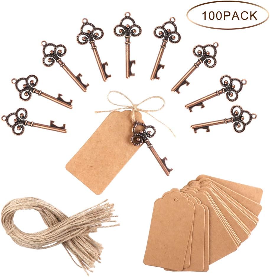 PartyTalk 100pcs Wedding Favors Skeleton Key Bottle Opener with Escort Tag Card and Twine for Guests, Antique Keys Rustic Christmas Party Decorations