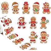 1000Pcs Christmas Stickers Roll Gingerbread Man Decals 10 Designs Funny Cartoon Xmas Adhesive Decorative Seal Stickers for Gift Greeting Card Party Supplies