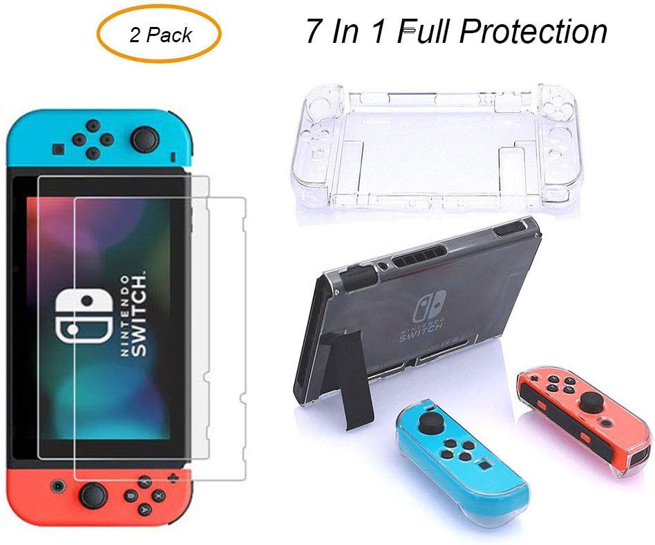 7 in 1 Full Protective Accessories Cover Case for Nintendo Switch,GSY Dockable Clear Protective Case with Tempered Glass Screen Protector for Nintendo Switch and Joy-Con Controller