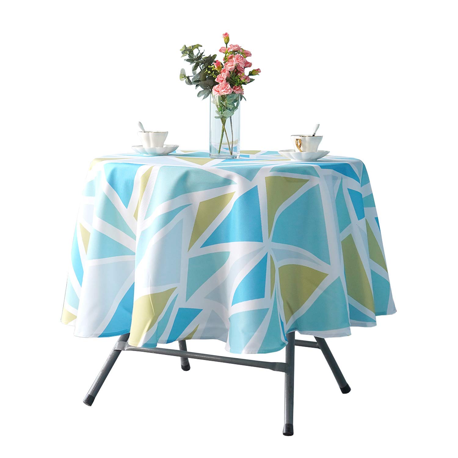 WedDecor Round Printed Tablecloth, Wipe Clean Table Cover Abstract Geometric Design, Polyester Tablecloth for Buffet Table, Holiday Dinner (70" Round, Sky Blue and White Triangles Scandinavian)