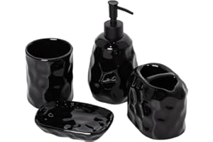 Karisky Bathroom Accessories Set 4 Pcs Ceramic Toothbrush Holder, Soap Dispenser, Tumbler, Soap Dish for Bathroom Vanity Countertop, Black