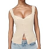 Cute Summer Tops for Women Going Out Linen Crop Tank Top Y2k Sleeveless Lace Trim Sweetheart V Neck Cami Vest