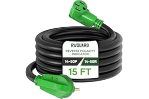 RVGUARD 50 Amp 15 Foot RV/EV Extension Cord with Reverse Polarity Indicator, NEMA 14-50P/R Heavy Duty Extension Cord with Cord Organizer, Green, ETL Listed