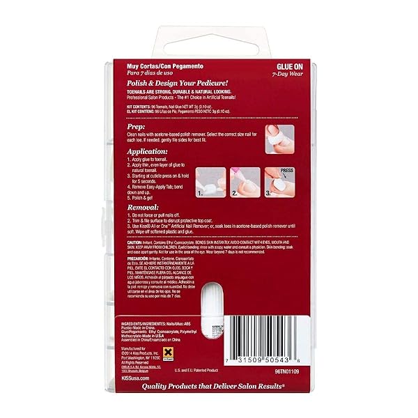 KISS 96 FULL COVER TOENAILS KIT, LONG LASTING FAKE NAILS, DIY HOME MANICURE SET WITH PINK GEL NAIL GLUE 3 G / 0.11 OZ. AND 96 FAKE TOENAILS IN 12 SIZES FOR UP TO 4 PEDICURES