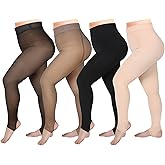 Foaincore 4 Pairs Plus Size Fleece Lined Tights Women Fleece Lined Leggings Translucent Winter Sheer Tights Warm Pantyhose