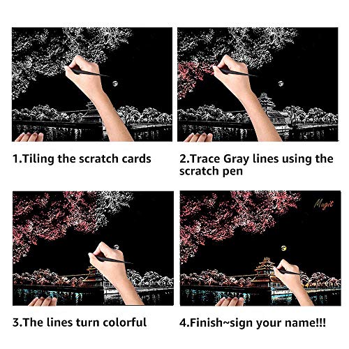 Ageqi Scratch Art Paper Rainbow Painting Sketch Pad for Adult and Kids, Night View Scratchboard, DIY Arts & Crafts,with 4 Tools,Size:11.7''x8.3''(A4)