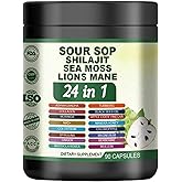 24 in 1 Soursop Supplement – Graviola Capsules with Shilajit, Sea Moss, Lions Mane,Turmeric, Ashwagandha, Ginger & Manuka Honey and More – Immune, Gut & Stress Support – Non-GMO, 90 Capsules