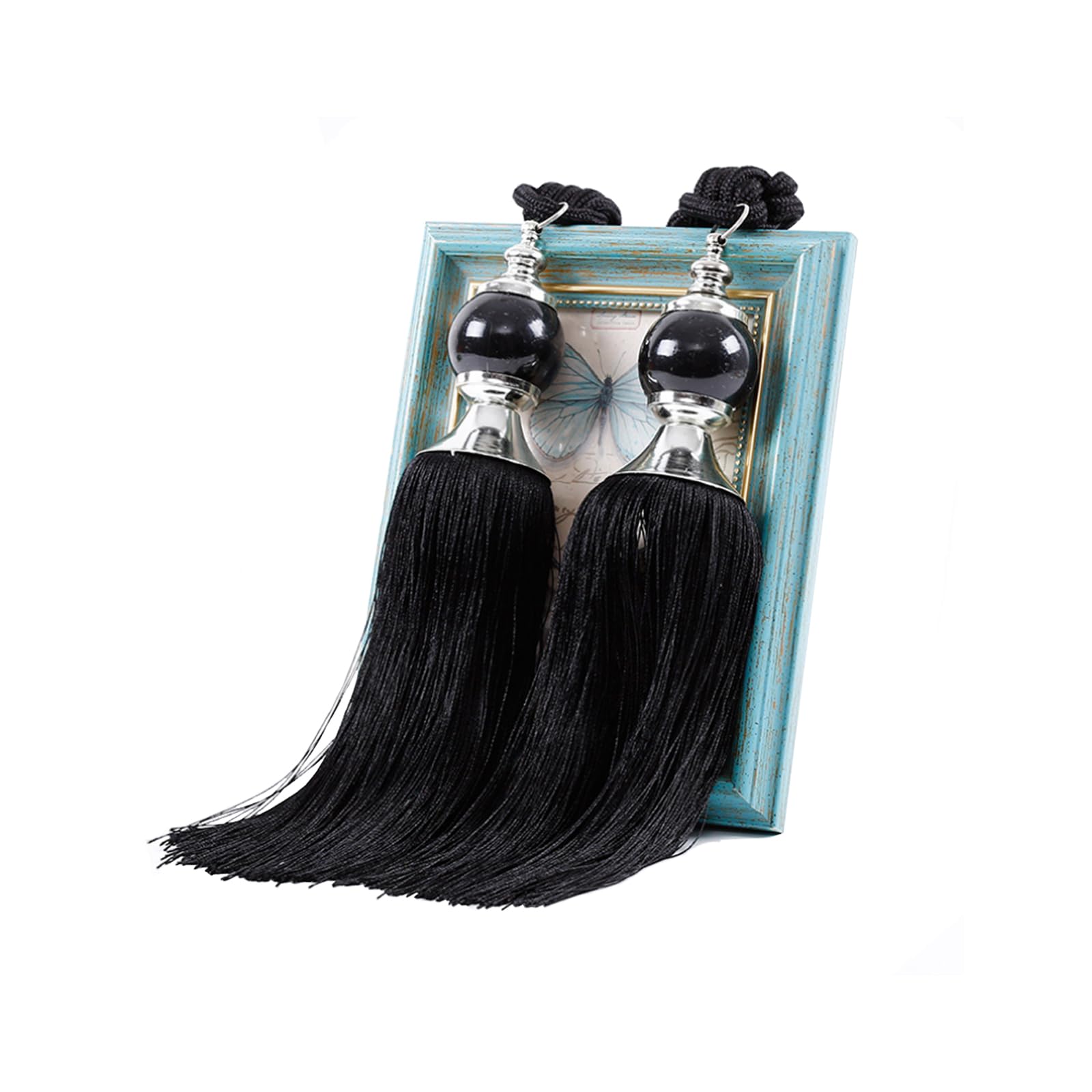 Upstore 1Pair Curtain Tassel Tiebacks Crystal Beaded Fringe Ropes Holdbacks for Drapery Window Door Decorations (Black)