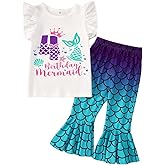 IZYJOY Birthday Mermaid Outfit Toddler Baby Girl 1st 2nd 3rd 4th 5th Ruffle Sleeve Romper Top Flared Pant Set Summer Clothes