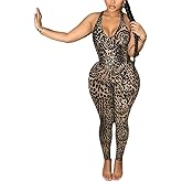 LXUAMR Sexy Jumpsuits for Women Deep V Neck Leopard Backless Jumpsuit Sleeveless Cheetah Bodycon Jumpsuit Going Out Outfits