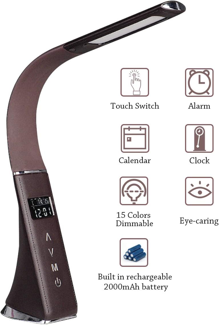 LED Desk Lamp, Rechargeable Table Lamp Eye-Caring Dimmable Office Study Desk Light with Calendar Thermometer Time & Alarm Clock, 3 Mode 5 Level, Touch Control for Reading,Studying,Working