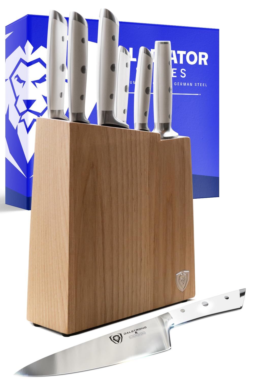 DALSTRONG Knife Set Block - 8 Piece - Gladiator Series - German High Carbon Steel Kitchen Set - Premium Food-Grade White ABS Polymer Handles - NSF Certified Image