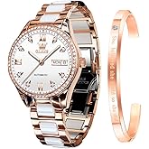 OLEVS Watch for Women Automatic Self Winding Mechanical Ladies Wrist Watch Big face Two Tone Stainless Steel Ceramic Bracelet Heart Diamond Fashion Luxury Ceramic Band Luminous Waterproof
