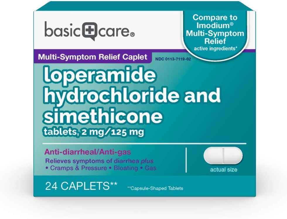  Basic Care Loperamide Hydrochloride and Simethicone Tablets, 2 mg/125 mg, Anti-Diarrheal and Anti-Gas, 24 Count: Health & Personal Care