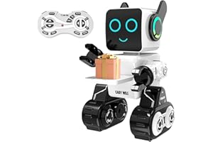 HBUDS Rechargeable RC Robot Toy for Kids - Interactive Intelligent LED Light, Speaks, Dances, Built-in Coin Bank (White)