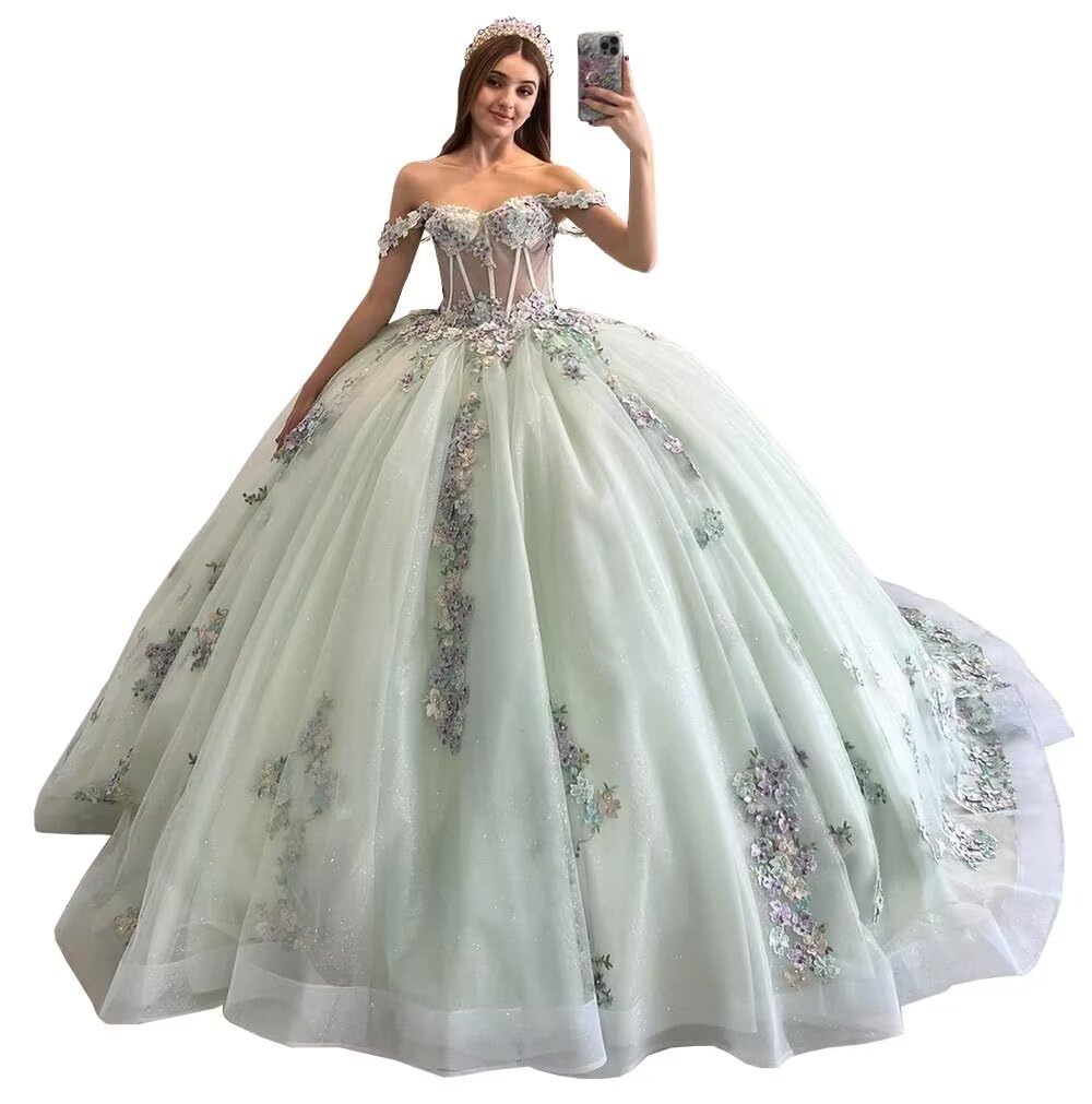 Photo 1 of Mouccy Dusty Sage Beaded Quinceanera Dresses Lace Sparkly Prom Dresses Off Shoulder Sweetheart 15 16 Birthday Dresses for Teens 6